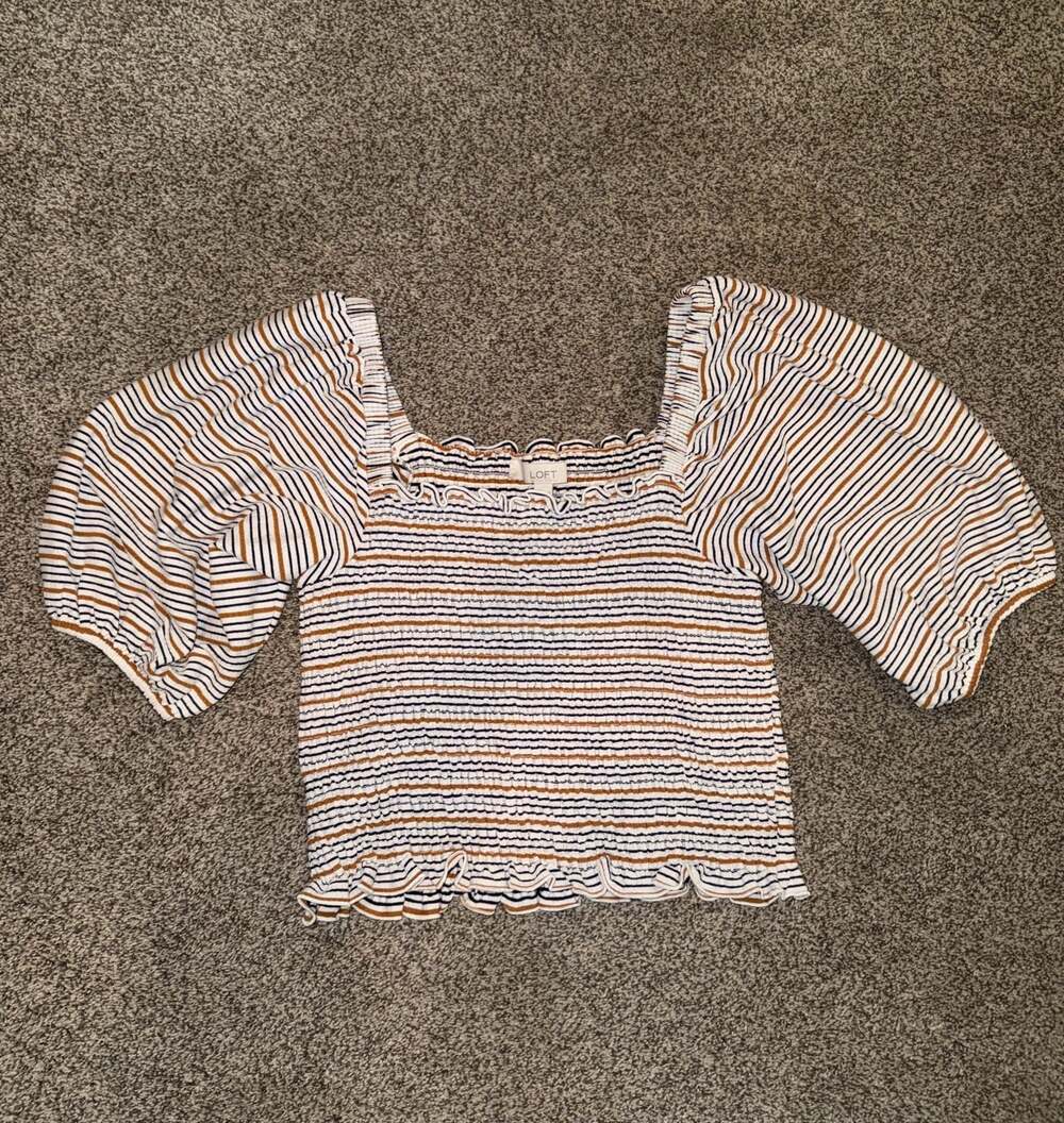 LOFT Striped Smocked Puff Sleeve Square Neck Crop Top
